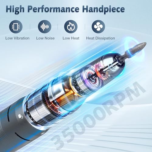 Professional Nail Drill Machine, HoMove 35000RPM Portable Nail Drills, Rechargeable Efile Nails Drill, Low Heat Electric Nail File for Acrylic Gel Nails£¨Grey£©