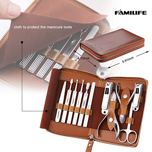 FAMILIFE F03 Manicure Set, Pedicure Kit Nail Clipper Set 13pcs Professional Men Grooming Kit and 11 in 1 Stainless Steel Pedicure Tools Kit Grooming Kit with Portable Brown Leather Travel Case