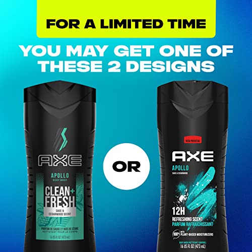 AXE Body Wash Phoenix 4 Count 12h Refreshing Scent Crushed Mint & Rosemary Men's Body Wash 16 oz & Body Wash Apollo 4 Count for Long Lasting Freshness Sage & Cedarwood Men's Body Wash 16 oz
