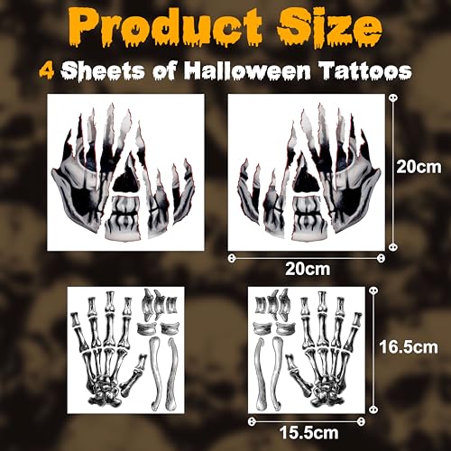 4 Sheets Halloween Tattoos, Horror Halloween Face Temporary Tattoos, Waterproof Fake Skeleton Zombie Face Tattoos Stickers Make Up Accessories for Carnival Makeup Halloween Masquerade