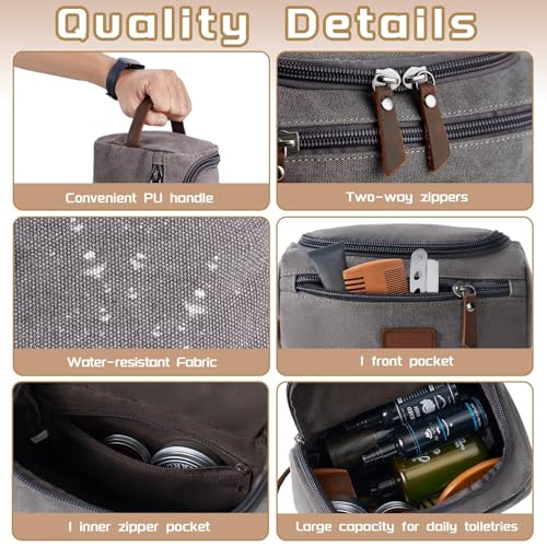 Travel Toiletry Bag for Men, Large Water-resistant Shaving Bag Toiletries Organizer with Mountain Pattern, Canvas Multi-functional Bathroom Dopp Kit Shaving, Ideal for Travel, Camping, Gym- Grey