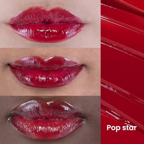 Glossy Lip Stain ? Plumping Hydrating Lip Oil Tint with Hyaluronic Acid & Peptide Complex ? Non-Sticky High Shine Pigmented Finish ? Pop Star (Red) 0.11 oz.