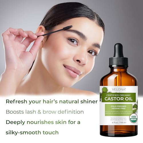 velona USDA Certified Organic Castor Oil - 4 fl oz (With Dropper) | For Hair, Boost Eyelashes, Eyebrows | Cold pressed, Natural Oil USP Grade | Hexane Free
