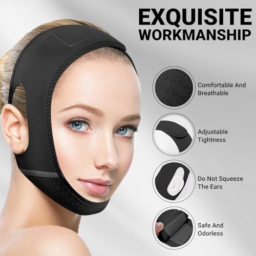 Juskaa Reusable V Line Lifting Mask with Chin Strap for Sleeping,Face Lift Prevent Sagging, Jaw Exerciser,Black,M