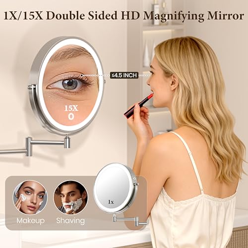9" Large Wall Mounted Lighted Makeup Mirror, 5000mAh Rechargeable 1X/15X Magnifying Mirror with 3 Color Lights Touch Dimmable, Extended Arm 360¡Æ Rotation Bathroom Wall Mounted Makeup Mirror, Nickel