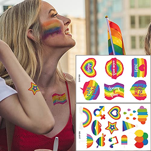 HAOYAN 10 Sheets LGBT Pride Day Temporary Tattoo Sticker Rainbow Pattern Love Is Love Flash Waterproof Fashion Body Art Men Women Child