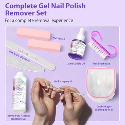 SAVILAND Nail Polish Remover Kit: Gel Nail Polish Remover with Cuticle Oil Nail Soaking Bowl Complete Removal Tools for Effective Removal of Gel Polish Acrylic Dip Powder Home Use 8.45 OZ