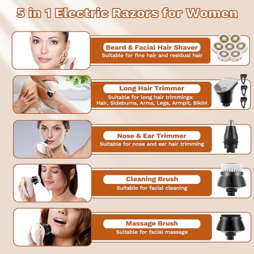 Electric Razors for Women, 7D Electric Shaver for Women, 5 in 1 Lady Shavers, Wet/Dry Bikini Trimmer, Rechargeable Facial Hair Removal, Painless Face Razor for Arms Legs Armpit Pubic Area