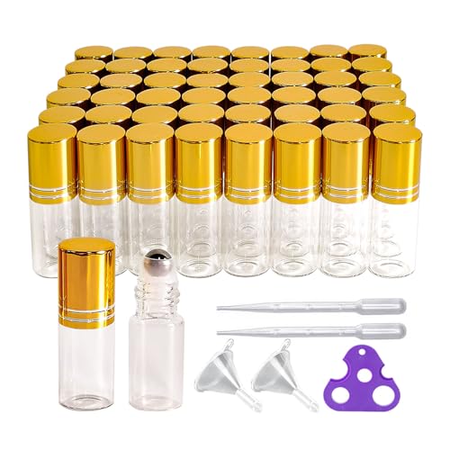 50 PCS Essential Oil Roller Bottles 3ml Clear Glass Roller Bottles with Stainless Steel Roller Ball,Gold Caps,for Travel Perfume-2 Funnels, 2 Dropper, 1 Opener(3ml)