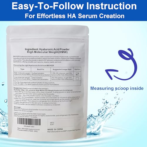 MAYKER Pure Hyaluronic Acid Powder 0.7 oz | High Molecular Weight, Cosmetic Grade | To Make 45+ oz Hydrating Serums For Skin Hydration, Clear, Gel-like Texture | No fillers, No Additives