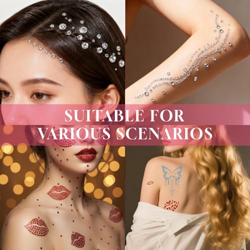 Red Face Gems Self-Adhesive Face Jewels, Red Lip Hair Gems & Festival Kiss Stickers, Face Rhinestone Stickers for Makeup, Eye, Hair, Body, Rave Accessories (Kids & Women)