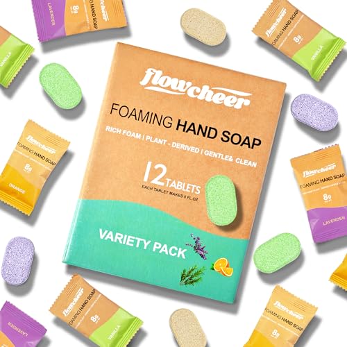 flowcheer Foaming Hand SoapTablets Refill, 12 Pack (Makes 12 x 9 fl oz), Eco Hand Soap Refills, Plant-Based, Natural Scents, Works with Any Foaming Dispenser,Variety Fragrance, No Plastic Bottle
