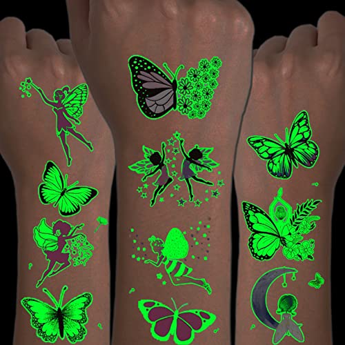Luminous Butterfly Tattoos for Kids - 14 Sheets Glow in The Dark Butterfly Fairy Temporary Tattoos for Girls Birthday Party Favors Goodie Bag Fillers