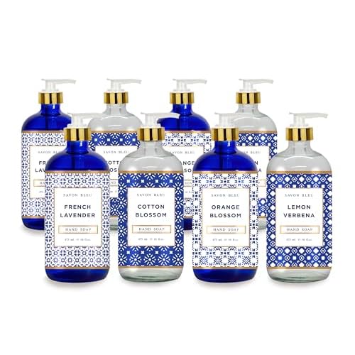 Savon Bleu Hand Soap Collection - 16oz Glass Bottles - 8 Pack - Home and Body Company - French Lavender, Cotton Blossom, Orange Blossom, Lemon Verbena