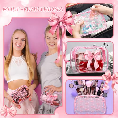 Kacctyen 10 Pcs Pink Bow Clear Makeup Bags Coquette Cosmetic Bag Women Girl for Preppy Bow Gift Accessories PVC Waterproof Travel Toiletry Pouch for Friend Gift