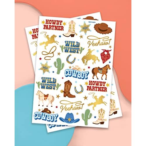 xo, Fetti Cowboy Temporary Tattoos for Kids- 52 Foil Styles | Rodeo, Boys Cowboy Crafts, Birthday Party Favors, Western Baby Shower Decorations