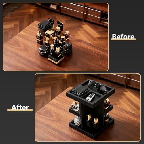 Black Cologne Organizer for Men, Cologne Rack Stand with 360¡Æ Rotate, 3 Tier Wooden Perfume Shelf, Desk Organizer, For Dad Husband Boyfriend Birthday Valentine's Day Gifts