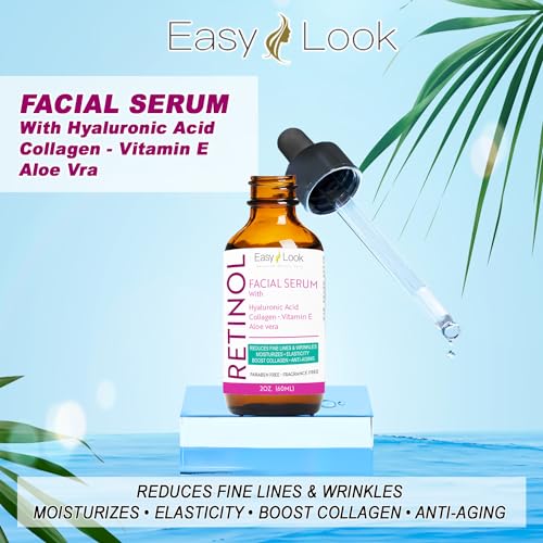 Retinol Serum for Face w/Hydrating Hyaluronic Acid, Collagen, Vitamin E and Aloe vera. Anti-Aging Facial Serum, Tighten Lift Hydrate & Plump All Skin Types, Reduce Fine Line & Wrinkles 2 Fl Oz