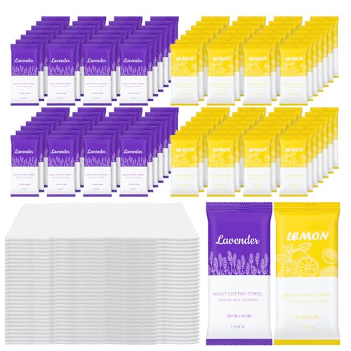 Moist Cotton Towels, 10"x10" Disposable Refreshment Pre Moistened Towels Individually Wrapped Face & Body Wet Moist Terry Cotton Towelettes for Travel Hotel Sport Camping Spa (Lavender Lemon 200Pcs)
