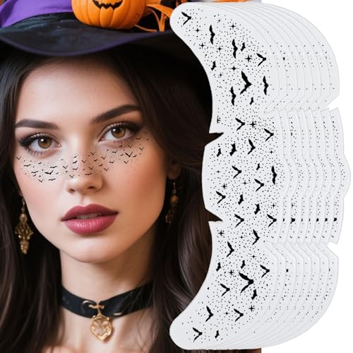 Halloween Bat Freckles Face Tattoos - Halloween Freckles Waterproof Black Bat Temporary Tattoos Patches Gothic Face Paint Makeup Kit for Women & Kids,Party Supplies Decorations Accessory-8Pcs