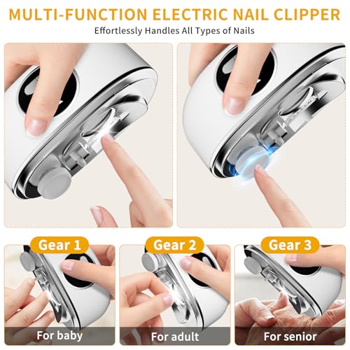 2026 Upgraded 3-in-1 Electric Nail Clipper File & Toenails, Rechargeable Electric Nail File, 6 Speeds with LED Light & Nail Debris Storage, Suitable for Children, Adults, Elderly for Thick Nails