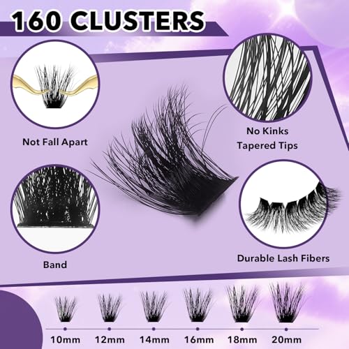FEEGO Lash Extension Kit 100D/ 200D Fluffy 10-20MM D Curl Lash Clusters Eyelash 160pcs Extension Kit Individual Lashes with Lash Bond and Seal Lash Remover Lash (100D LASH KIT)