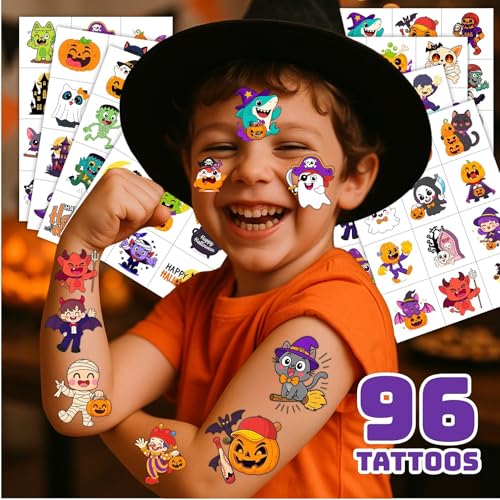 96PCS Halloween Pre-Cut Temporary Tattoos - Pumpkin, Spider, Designs Party Favors, Halloween Party Favors, Trick or Treat Handouts, Classroom Rewards Gifts