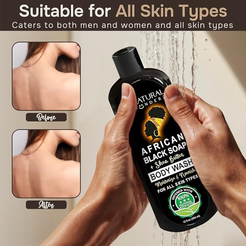 Natural Wunderz African Black Soap Body Wash, 12?oz ? Sulfate?Free, Vegan Cleanser with Shea Butter ? Soothing, Detoxifying Shower Gel for Men & Women