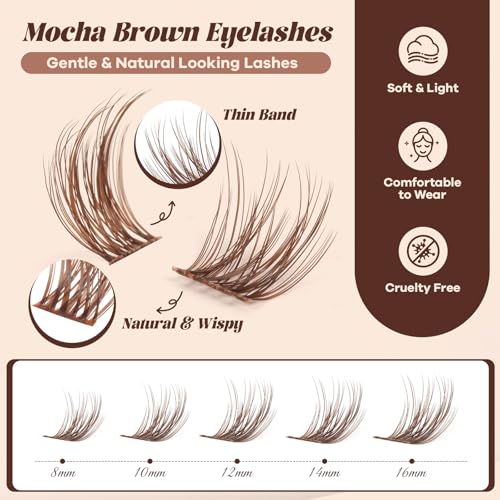 B&Q Brown Lash Clusters Kit Natural Mochalash Clusters 01, Brown Eyelash Clusters Kit C-Curl Cluster Eyelash Extensions 8-16mm Wispy Lash Eyelashes Kit for Fair/Dark Hair(Mochalash 01 Set)