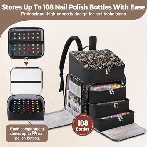 Floral Pattern Nail Polish Storage Backpack, Large Capacity Organizer Case with Multiple Compartments, Black