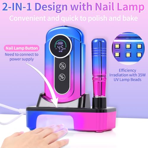 Electric Nail Drill Professional - 45000 RPM Cordless Nail Drill with Rechargeable Stand, Electric Nail File with Nail Lamp, Portable Nail Drills for Acrylic Gel Polishing Removing, Home & Salon Use