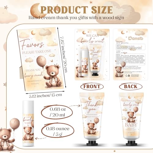 30 Set Gender Reveal Gifts for Guests 30 Pcs Bear Baby Shower Hand Cream and 30 Pcs Lip Balm with 1 Wooden Stand for Guests Baby Shower Prizes Party Favors Gender Reveal Souvenirs
