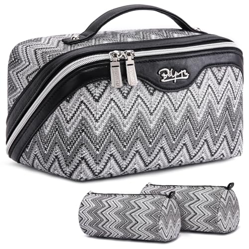 BOYATU Travel Makeup Bag for Women: Western Boho Make up Bag Set of 3 - Large Capacity Vegan Leather Cosmetic Bag - Waterproof Toiletry Bag with Compartments & Handle & Divider(J-3-Black)