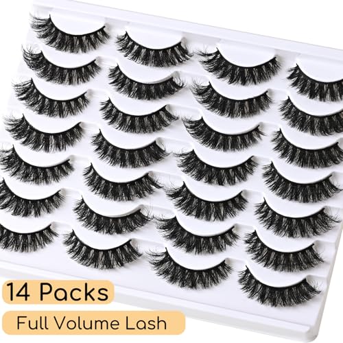 Lashes Volume Mink Eyelashes 14 Pairs Cateye Lash Strips Wispy Cat Eye Lashes Natural Look Short Thick Fluffy False Strip Eyelash Full Small Fake Lashes Pack Black Pesta?as Postizas for Women