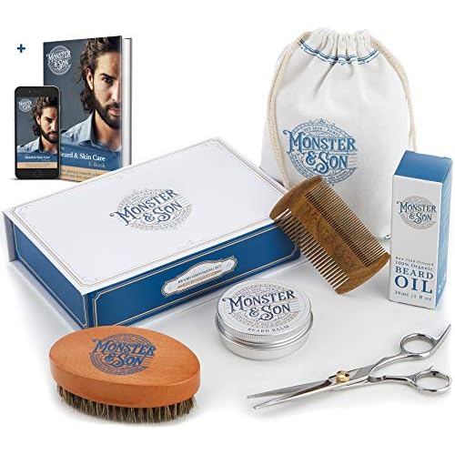 Monster&Son Premium 7-Item Organic Beard Kit - Beard Oil, Beard Balm, Beard Brush, Beard Comb, Scissors, Canvas Travel Bag - Male Grooming Kit in Gift Box - Great Mens Birthday Gift - Father's Day