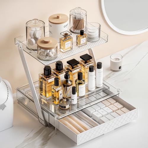 3-Tier Bathroom Countertop Makeup Organizer - Tall Big Make Up Storage with Slide-Out Tray & Bottom Drawer, Transparent Acrylic for Cosmetics Brushes Lipsticks Skincare
