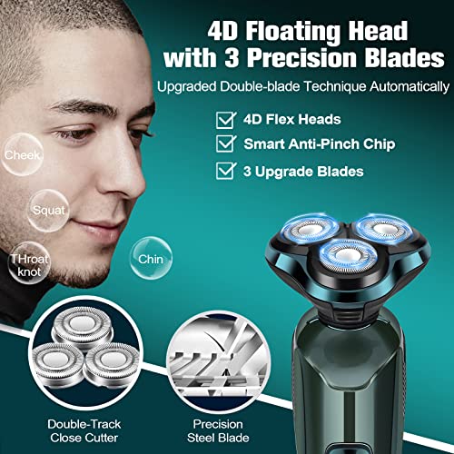 Electric Razor for Men, 3-in-1 Shaver with Floating Blades for Nose Hair &Sideburns,Replacement Blades, Pop-up Trimmer, IPX7 Waterproof, Travel Lock, Wet & Dry Use, Face Shaving Grooming Travel Kit