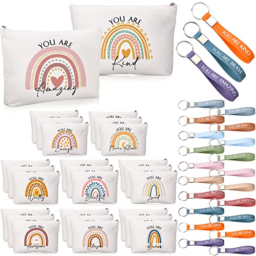 Fumete 60 Pcs Inspirational Gifts Bulk for Women Employee Appreciation 30 Inspirational Rainbow Canvas Makeup Bag 30 Motivational Keychains Thank You Gifts Bulk for Administrative Secretary Volunteer
