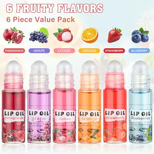 6Pcs Roll On Lip Gloss Set£¬Mini kids Lip Gloss Fruit Flavored£¬Moisturizing Lip Oil Make up for Teens and Girls£¬Hydrating Long Lasting Glossy,Christmas Party Favors Gift£¬Vegan & Cruelty-Free
