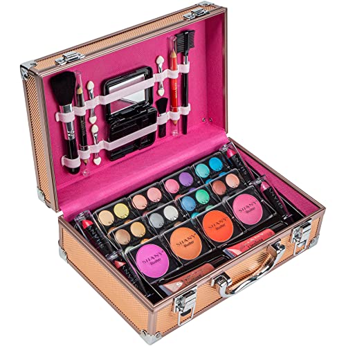 SHANY Carry All Make up Train Case with Pro Makeup Set, Beauty Brushes, Lipsticks, Eye Shadows, Blushes, Powders, and more - Reusable Cosmetics Storage Organizer - Premium Gift Packaging - Rose Gold
