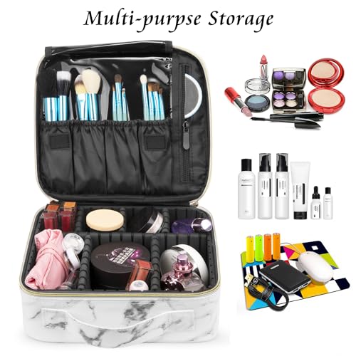 Initials Travel Makeup Train Case Birthday Mothers Day Gifts for Women, Personalized Makeup Box Organizer with Adjustable Dividers for Make up Brushes Toiletry Jewelry Digital Accessories, Marble, C.
