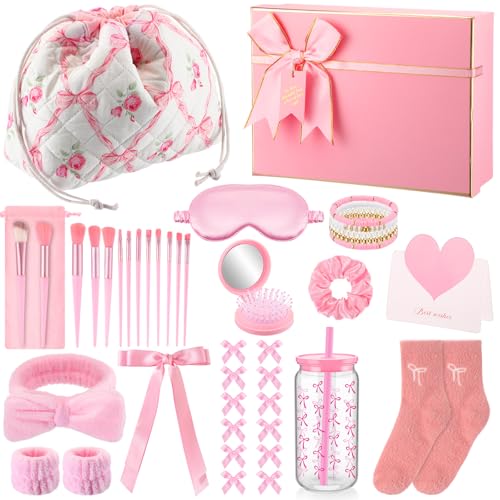 14 Pack Gifts Trendy Stuff for Teenager Girls Aged 13+, Pink Birthday Gifts Basket for Her Hair Bows Drawstring Makeup Bag Makeup Brush Set Coquette Bow Cups for Young Women Friend