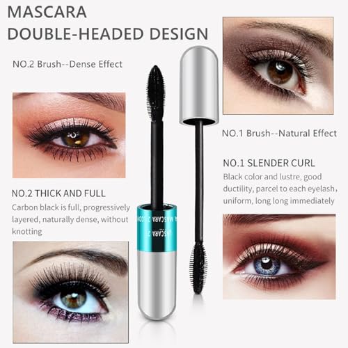 2 in 1 4D Silk Fiber Lashes 5x Longer Waterproof Mascara, No Clumping Long-lasting Black Mascara