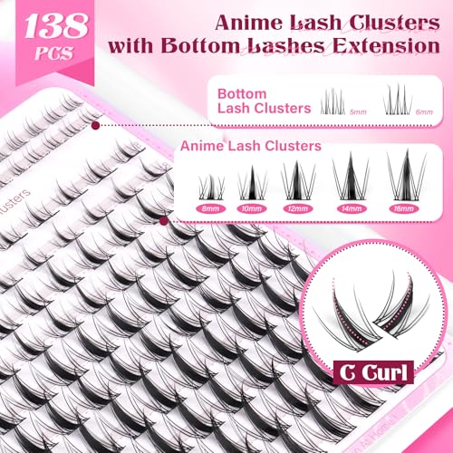 Fairy Lash Clusters Kit 8-16mm Manga Eyelash Clusters with 5-6mm Bottom Lashes C-curly Lash Extension Kit Spiky Anime Individual Lashes DIY Cluster Eyelash Extensions Kit Natural Thin Band Lash Kit