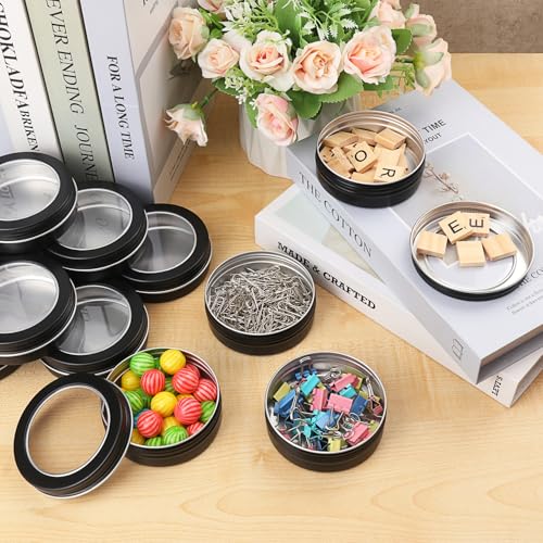 48 Pieces 4 oz Tin Cans with Clear Window, Round Metal Tins Screw Top,4 oz Metal Round Cans with Clear Lid for Kitchen Office Candles Candies and Gifts Holding