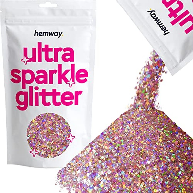 Hemway Rose Gold Holographic Mix Glitter Chunky Multi Purpose Dust Powder Arts & Crafts Wine Glass Decoration Weddings Flowers Cosmetic Face Eye Body Nails Skin Hair Festival 100g
