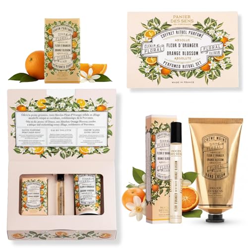 Panier des Sens - Orange Blossom Gift Set for Women - Roll On Perfume + Hand Cream + Bar Soap - Thank you, Birthday Gift for Her - Self Care Kit with 96% Natural Ingredients - Skin Care Set