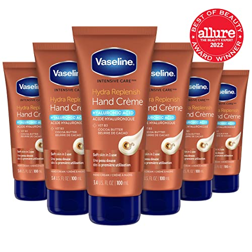 Vaseline Intensive Care Hand Cr?me Moisturizer for Dry Hands Hydra Replenish Made with hyaluronic acid, vitamin B3, and cocoa butter 3.4 oz 6 Count