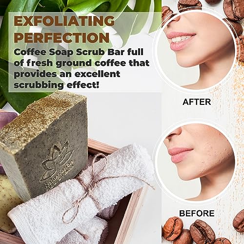 100% Handmade Coffee Scrub Soap Bar with Fresh Ground Coffee and Cocoa Butter - Cold Process Soap with Latte Aroma Oil - Good Scrubbing Effect - Perfect for Body Exfoliating and Moisturizing (3 bars)