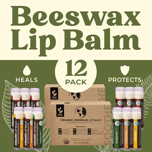 Earth's Daughter USDA Organic Lip Balm 12-Pack (2x 6-Packs) - Fruit Flavors, Beeswax, Coconut Oil, Vitamin E - Best Lip Repair Chapstick for Dry Cracked Lips - Moisturizing Lip Care